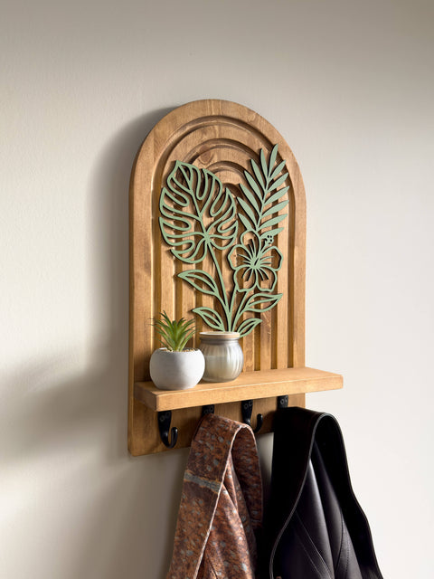 Rustykalna półka ścienna z litego drewna i wieszak na ubrania, wykończenie w kolorze ciemnego dębu, organizer do przedpokoju i uchwyt na klucze