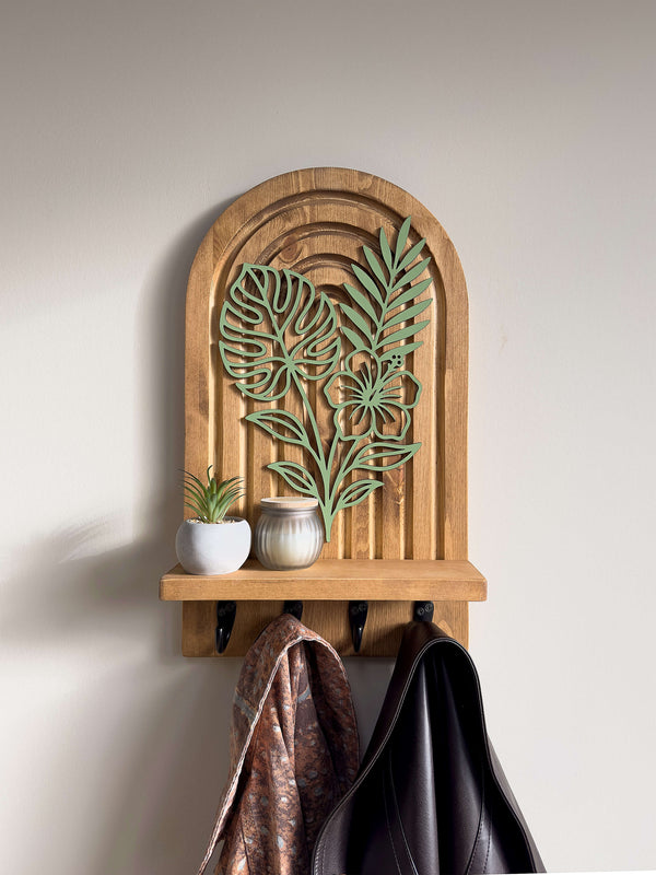 Rustic Solid Wood Wall Shelf & Coat Rack, Dark Oak Finish, Entryway Organizer & Key Holder