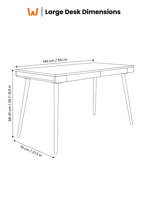 Large solid oak desk dimensions diagram: width 140 cm (55.1 in), depth 70 cm (27.5 in), and height range 68-81 cm.