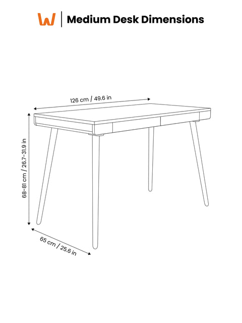 Medium solid oak desk technical dimensions diagram: width 126 cm (49.6 in), depth 65 cm (25.6 in), and height range 68-81 cm (26.7-31.9 in).