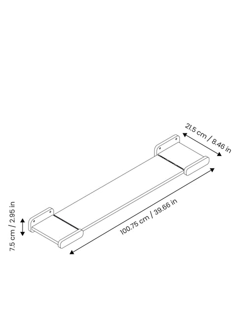 Technical drawing showing dimensions of the Minimalist Cat Bridge. The Wall-Mounted Cat Climber is 100.75 cm (39.66 in) long and 21.5 cm (8.46 in) wide.