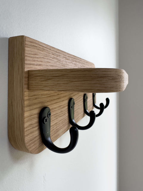 Wall Key Hook House Shelf – Solid Wood Dark Oak Finish – Minimalist Entryway Organizer with 4 Hooks