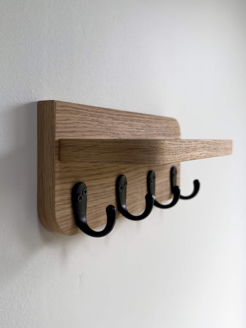 Wall Key Hook House Shelf – Solid Wood Dark Oak Finish – Minimalist Entryway Organizer with 4 Hooks