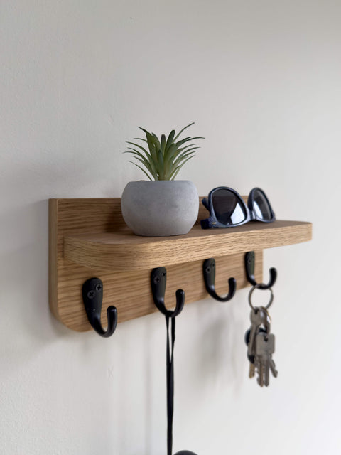 Wall Key Hook House Shelf – Solid Wood Dark Oak Finish – Minimalist Entryway Organizer with 4 Hooks