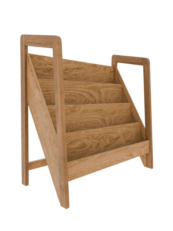 Montessori bookshelf in oiled dark oak finish, designed with angled shelves for easy access to books, perfect for a children's room with a modern, minimalist style.