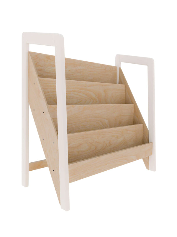 Montessori bookshelf for kids with front-facing storage, featuring white frames and natural wood shelves, ideal for displaying children's books in a bright, modern space.