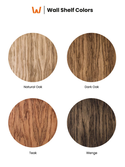 Wood finish color options for the Wall-Mounted Oak Coat Rack. The chart displays four available shades: Natural Oak, Dark Oak, Teak, and Wenge to match your entryway decor.
