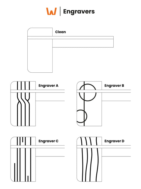 Diagram showing custom wood engraving patterns for the Wall-Mounted Oak Coat Rack. Options include Clean, Engraver A, Engraver B, Engraver C, and Engraver D styles.