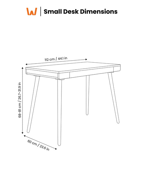 Small solid oak desk technical dimensions diagram: width 112 cm (44.1 in), depth 60 cm (23.6 in), and height range 68-81 cm.