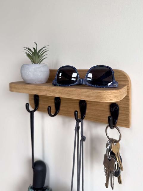 Wall Key Hook House Shelf – Solid Wood Dark Oak Finish – Minimalist Entryway Organizer with 4 Hooks