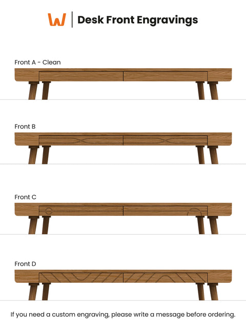 Custom drawer front engraving options for solid oak desk, featuring a clean minimal look and three distinct geometric carved patterns.