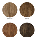 Wood finish options for solid oak writing desk showing four color swatches: Natural Oak, Dark Oak, Teak, and Wenge.