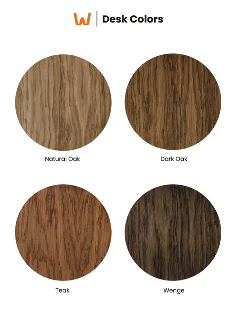 Wood finish options for solid oak writing desk showing four color swatches: Natural Oak, Dark Oak, Teak, and Wenge.