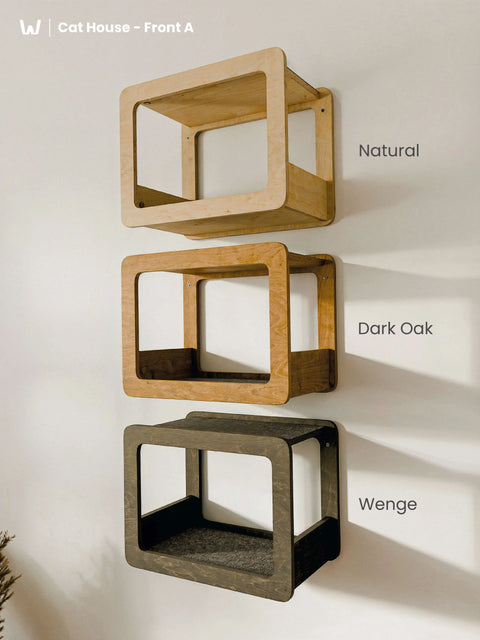 hree Wall-Mounted Cat Houses displayed vertically to show available finishes: Natural, Dark Oak (Brown), and Wenge (Black). These Floating Beds for Cats feature the open Front A design.