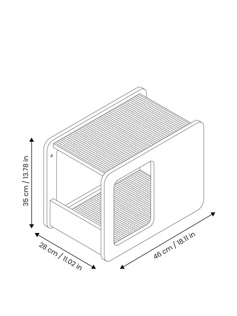 Technical drawing showing dimensions of the Wall-Mounted Cat House. This Floating Bed for Cats measures 46 cm (18.11 in) in width, 35 cm (13.78 in) in height, and 28 cm (11.02 in) in depth.