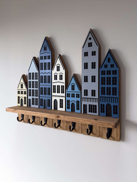 Haczyk i półka ścienna inspirowana miastem – organizer ścienny z litego drewna w kolorze ciemnego dębu z 7 haczykami do przedpokoju