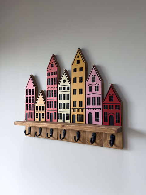 Haczyk i półka ścienna inspirowana miastem – organizer ścienny z litego drewna w kolorze ciemnego dębu z 7 haczykami do przedpokoju