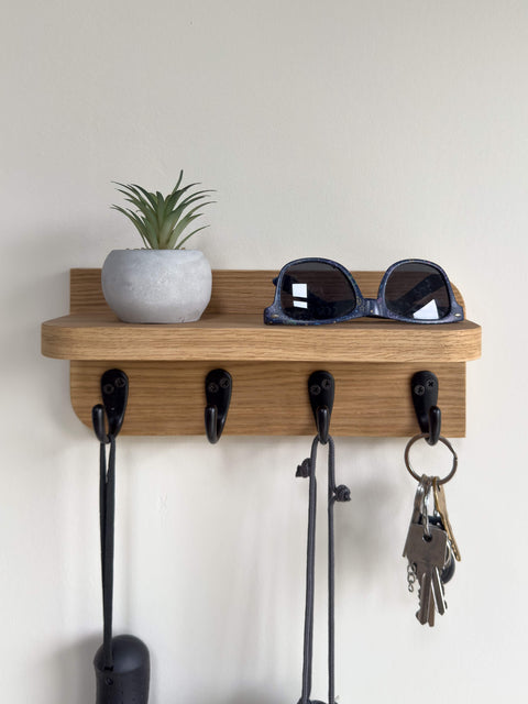 Wall Key Hook House Shelf – Solid Wood Dark Oak Finish – Minimalist Entryway Organizer with 4 Hooks